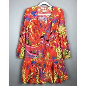 Farm Rio Magic Forest Floral Tunic Dress M Red 3/4 Sleeve V-Neck Pullover Boho